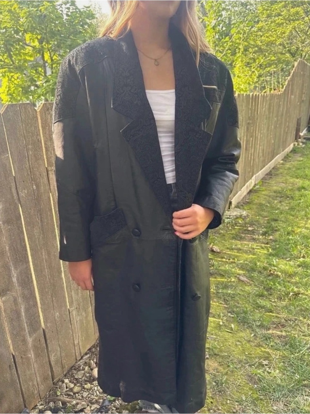 Vintage 80’s Black Leather Longline Coat paisley brocade tuxedo jacket